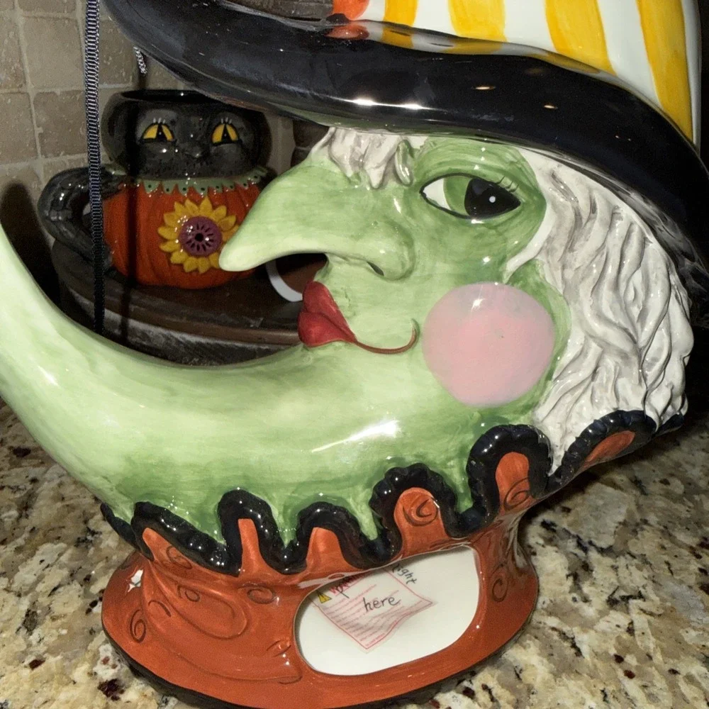Blue Sky Halloween Crescent Moon Witch Ceramic Tea Light Holder New
